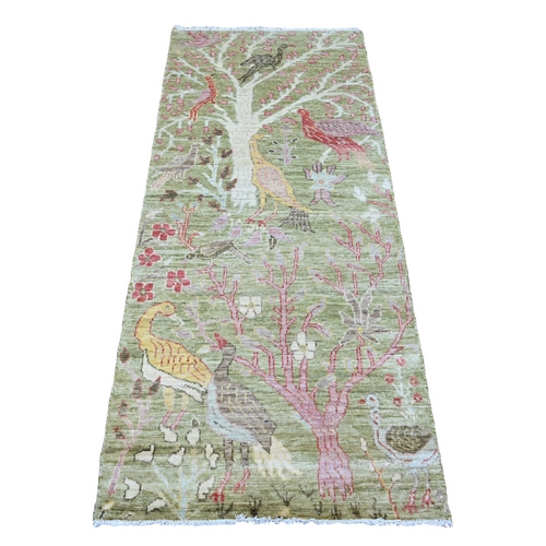 Olive Green, Afghan Peshawar with Birds of Paradise Design, Soft 100% Wool, Hand Knotted, Vegetable Dyes, Runner, Oriental Rug