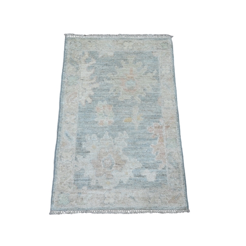 Misty Blue, Hand Knotted, Afghan Angora Oushak with Leaf Design, Veggie Dyes, Pure Wool, Mat, Oriental Rug