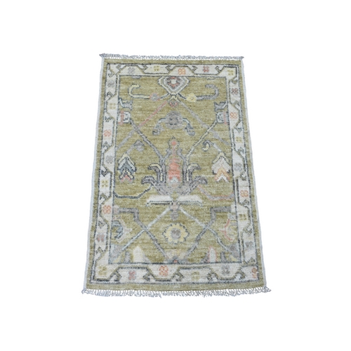 Olive Green, 100% Wool, Afghan Angora Oushak with Floral Pattern, Hand Knotted, Veggie Dyes, Mat, Oriental Rug