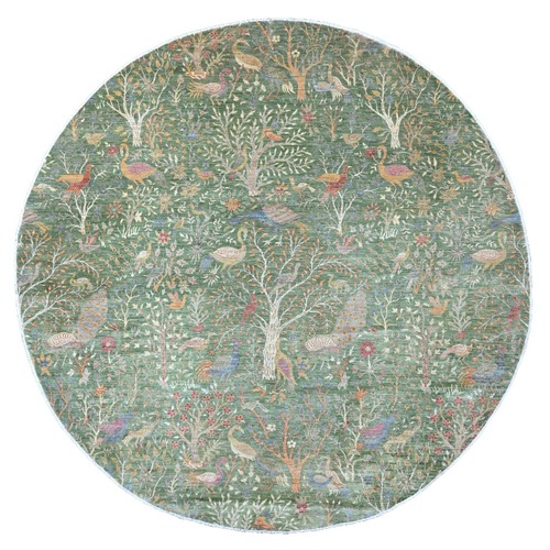 Moss Green, Afghan Peshawar with Birds of Paradise Design, Soft Wool, Hand Knotted, Natural Dyes, Round, Oriental Rug