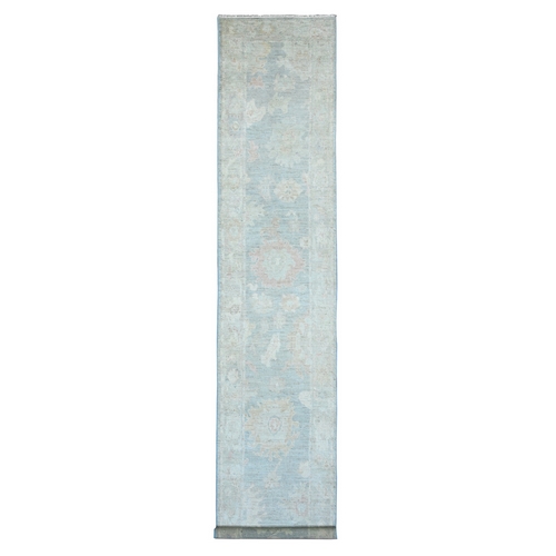 Stone Blue, Afghan Angora Oushak with Large Leaf Design, Veggie Dyes, Hand Knotted, Pure Wool, XL Runner, Oriental Rug