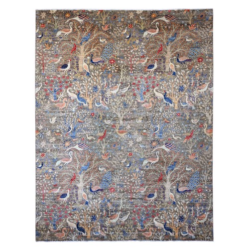 Cedar Brown, Afghan Peshawar with Birds of Paradise Design, Hand Knotted, Soft and Velvety Wool, Vegetable Dyes, Oversized, Oriental Rug