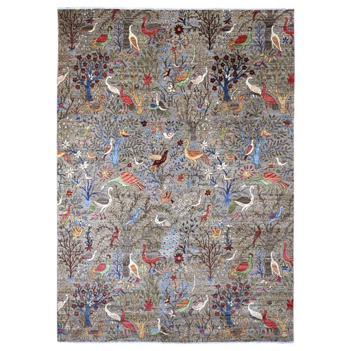 Stone Gray, Hand Knotted, Afghan Peshawar with Birds of Paradise Design, Soft Wool, Natural Dyes, Round, Oriental Rug