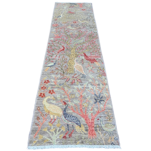 Cloud Gray, Afghan Peshawar with Birds of Paradise Design, Pure Wool, Hand Knotted, Veggie Dyes, Runner, Oriental Rug