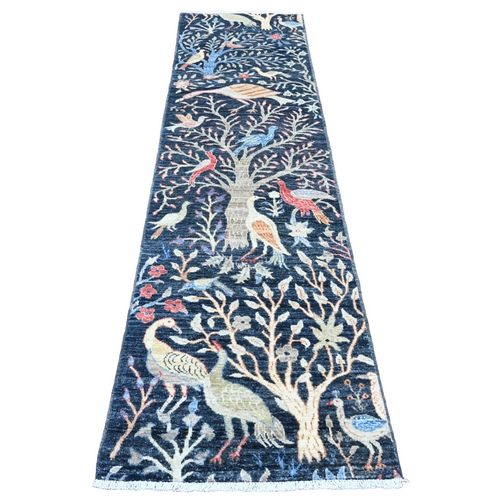 Yale Blue, Hand Knotted, Afghan Peshawar with Birds of Paradise Design, Soft Wool, Natural Dyes, Runner, Oriental Rug