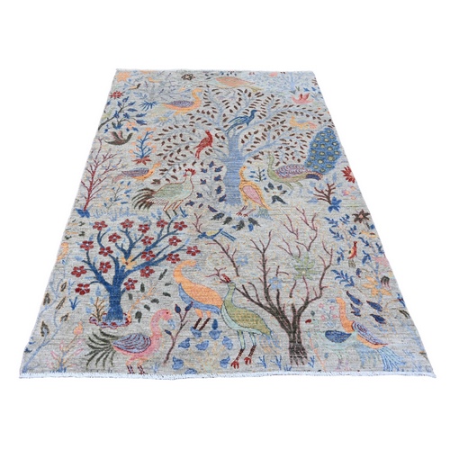 Pastel Gray, Afghan Peshawar with Birds of Paradise Design, Soft Wool, Natural Dyes, Hand Knotted, Oriental Rug