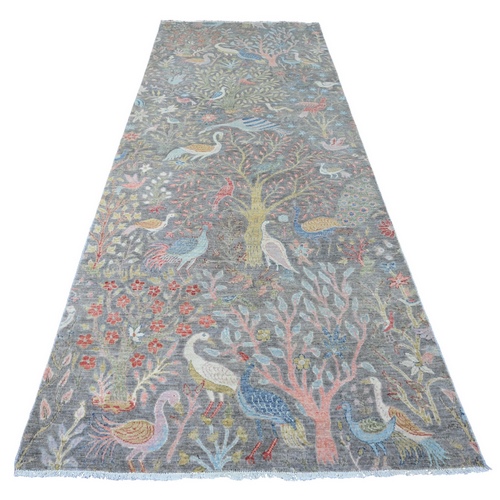 Sonic Gray, Hand Knotted, Afghan Peshawar with Birds of Paradise Design, Soft Wool, Natural Dyes, Wide Runner, Oriental Rug