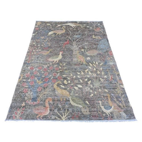 Spanish Gray, Afghan Peshawar with Birds of Paradise Design, Soft Wool, Vegetable Dyes, Hand Knotted, Oriental Rug