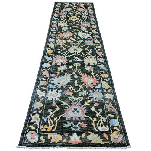 Charcoal Black, Afghan Angora Oushak with Colorful Leaf Design, Hand Knotted, Vegetable Dyes, 100% Wool, Runner, Oriental 