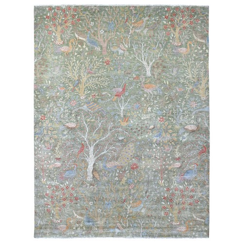 Eucalyptus Leaf Green, Afghan Peshawar with Birds of Paradise Design, Natural Dyes, Hand Knotted, Soft Wool, Oriental Rug