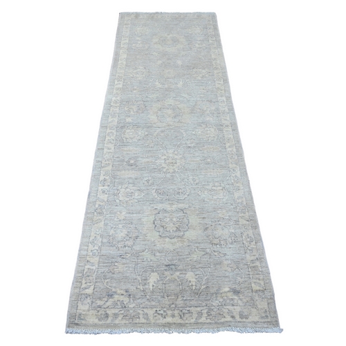 Cloud Gray, Washed Out Peshawar with Faded Out Leaf Design, Hand Knotted, Vegetable Dyes, 100% Wool, Runner, Oriental 