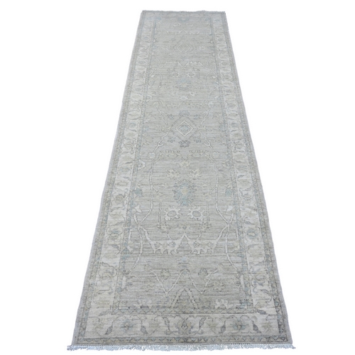 Oyster Gray, Washed Out Peshawar with All Over Leaf Design, Vegetable Dyes, Hand Knotted, 100% Wool, Runner, Oriental 