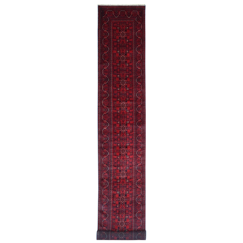 Deep and Saturated Red, Afghan Khamyab with Repetitive Star Medallion Design, Soft Wool, Hand Knotted, XL Runner, Oriental Rug