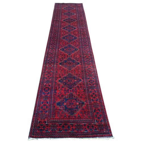 Deep and Saturated Red, Hand Knotted, Afghan Khamyab with Geometric Design, Pure Wool, Soft Pile, Runner, Oriental Rug