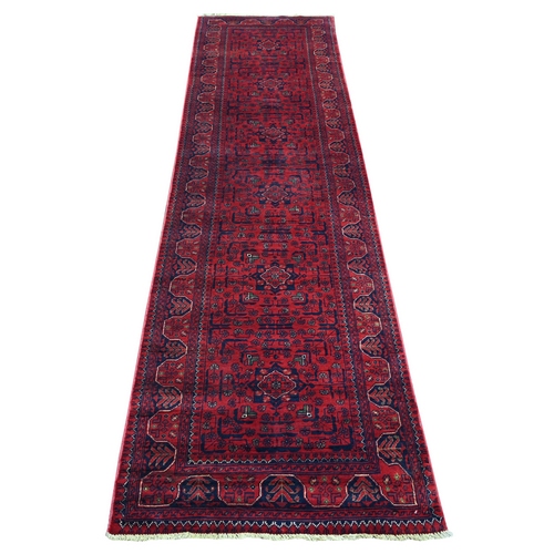 Rich Red, Afghan Khamyab with Geometric Pattern, Soft Wool, Hand Knotted, Runner, Oriental Rug