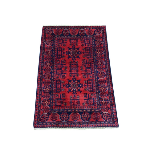 Deep and Saturated Red, Afghan Khamyab with Star Design, 100% Wool, Soft Pile, Hand Knotted, Mat, Oriental Rug