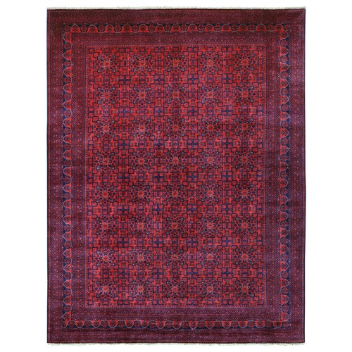 Deep and Saturated Red, Hand Knotted, Afghan Khamyab with Geometric Design, Soft Pile, Pure Wool, Oriental Rug