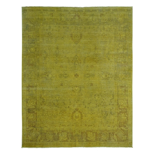 Golden Yellow, Overdyed, Zero Pile, Peshawar with Tribal Design, Hand Knotted, 100% Wool, Distressed, Oriental 