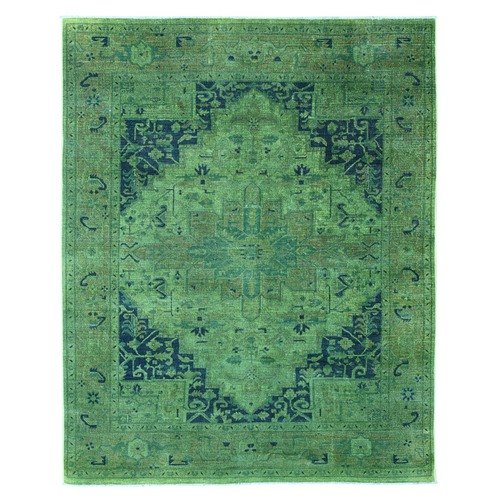 Hunter Green, Overdyed Peshawar with Heriz Design, Hand Knotted, Distressed, Zero Pile, 100% Wool, Oriental 