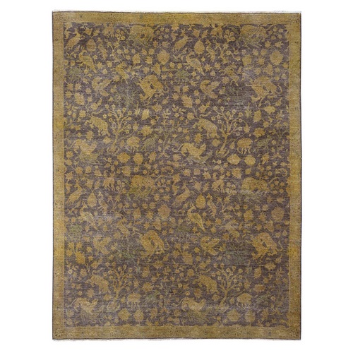 Mocha Brown, Overdyed Persian Design with Hunting Scene, 100% Wool, Hand Knotted, Distressed, Zero Pile, Oriental 