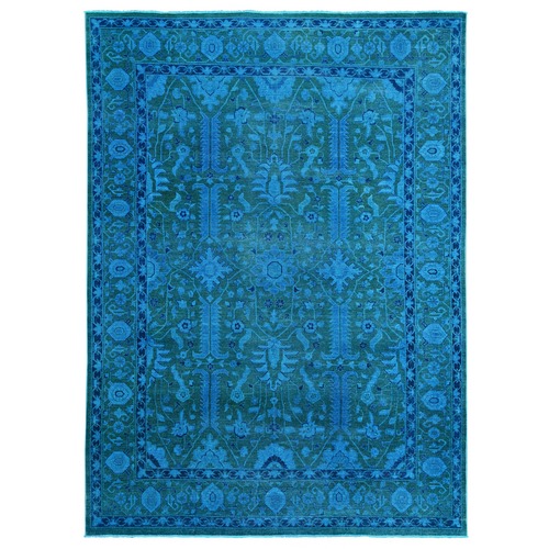 Bayern Blue Overdyed with Touches of Navy, Peshawar with Heriz All Over Design, Distressed, Zero Pile, Hand Knotted, 100% Wool, Oriental 