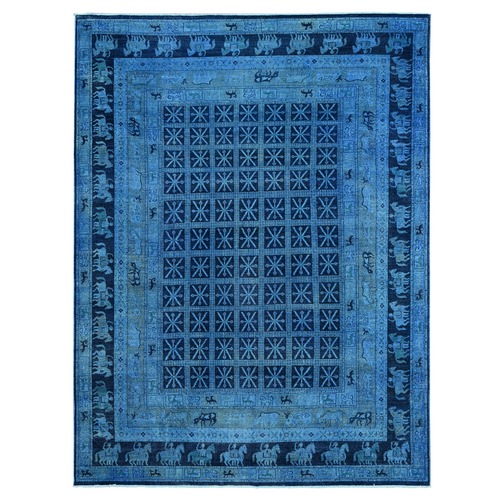 Imperial Blue, Overdyed Peshawar with Pazyryk Design, Zero Pile, Distressed, Pure Wool, Hand Knotted, Oriental 