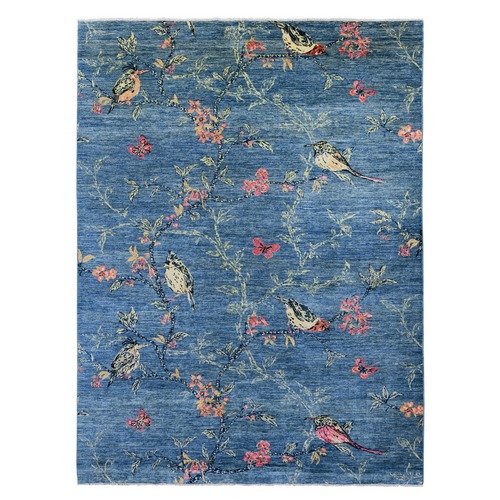 Bayern Blue, Sparrows on the Tree, Peshawar, 100% Wool, Soft Pile, Lush and Plush, Hand Knotted, Oriental Rug