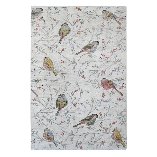 Pearl White, Sparrows on the Tree, Peshawar, 100% Wool, Soft to the Touch, Hand Knotted, Oriental Rug