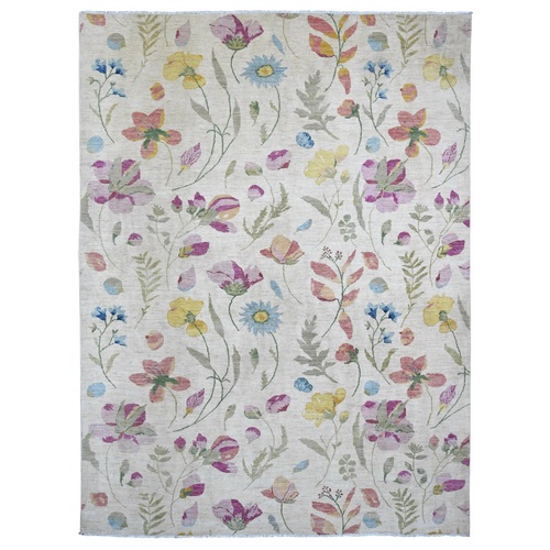 Pearl White, Peshawar with Colorful Botanical Garden Design, 100% Wool, Hand Knotted, Oriental Rug