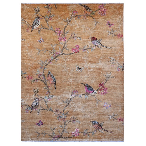 Honey Brown, Sparrows on the Tree, Peshawar, 100% Soft Wool, Hand Knotted, Oriental Rug