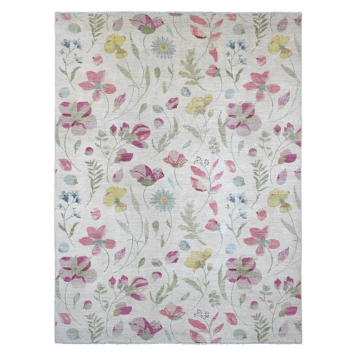 Pearl White, Peshawar with Colorful Botanical Garden Design, 100% Wool, Hand Knotted, Oriental 