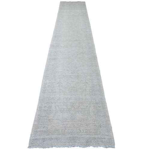 Cascading White, Hand Knotted, Stone Washed Peshawar with All Over Pattern, Natural Dyes, Pure Wool, XL Runner, Oriental 