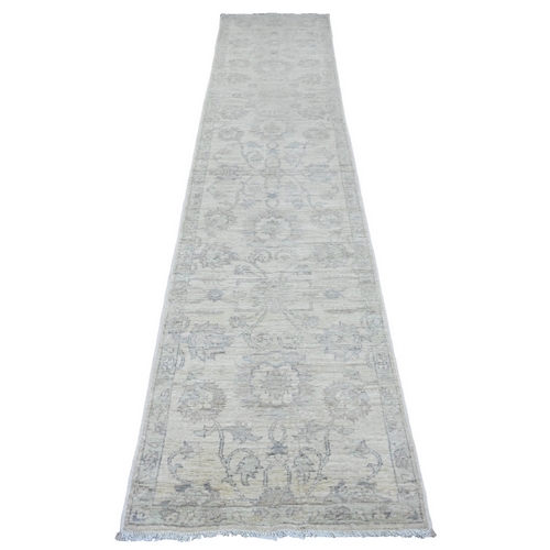 Pearl White, Washed Out Peshawar with All Over Leaf Design, Hand Knotted, 100% Wool, Vegetable Dyes, Runner, Oriental 