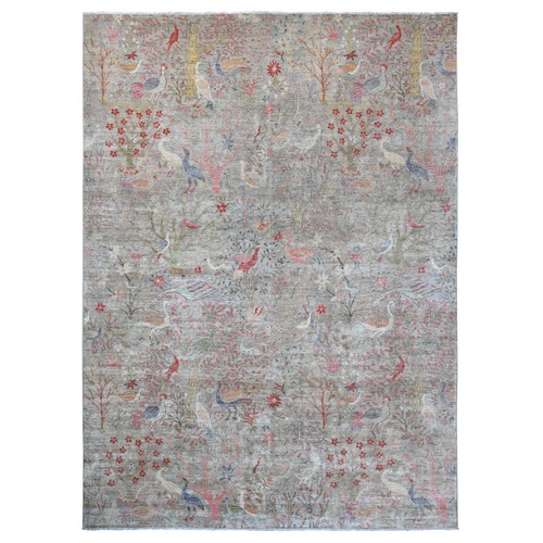 Medium Gray, Afghan Peshawar with Birds of Paradise Design, Soft and Velvety Wool, Hand Knotted, Vegetable Dyes, Oriental Rug