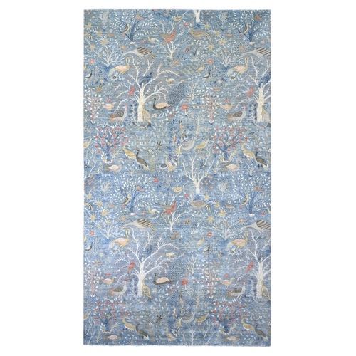 Ruddy Blue, Afghan Peshawar with Birds of Paradise Design, Natural Dyes, Hand Knotted, Soft Wool, Gallery Size, Long and Narrow, Oriental 