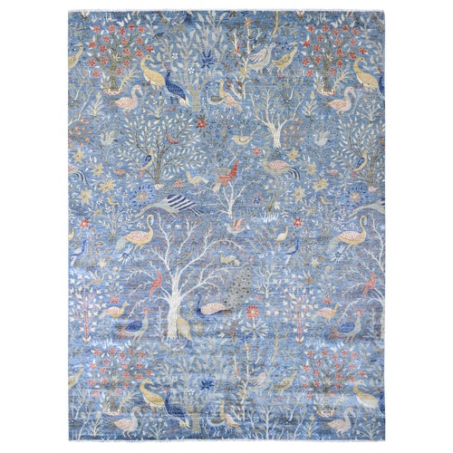 Classic Blue, Afghan Peshawar with Birds of Paradise Design, Hand Knotted, Soft and Shiny Wool, Vegetable Dyes, Oriental Rug