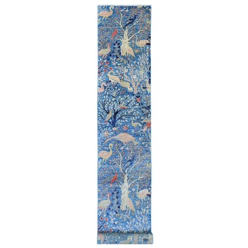 Bayern Blue, Afghan Peshawar with Birds of Paradise Design, Soft Wool, Natural Dyes, Hand Knotted, XL Runner, Oriental 