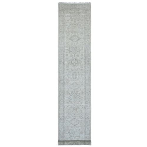 Bone White, Washed Out Peshawar with Geometric Leaf Design, Hand Knotted, Natural Dyes, 100% Wool, XL Runner, Oriental 