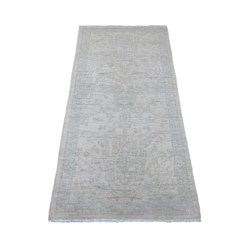 Bone White, Stone Washed Peshawar with All Over Pattern, Natural Dyes, Hand Knotted, 100% Wool, Short Runner, Oriental Rug