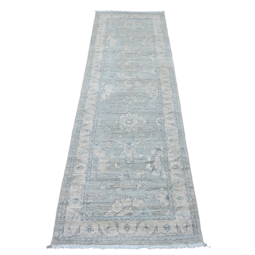 Misty Gray, Washed Out Peshawar with All Over Leaf Pattern, Vegetable Dyes, 100% Wool, Hand Knotted, Runner, Oriental Rug