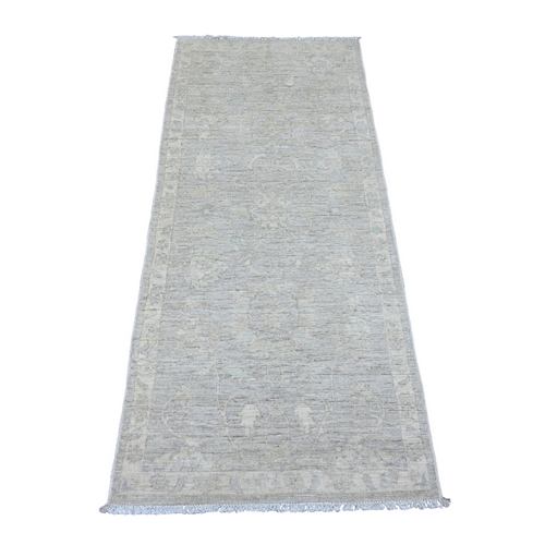 Cloud Gray, Washed Out Peshawar with Faded Out Leaf Design, Natural Dyes, 100% Wool, Hand Knotted, Short Runner, Oriental Rug