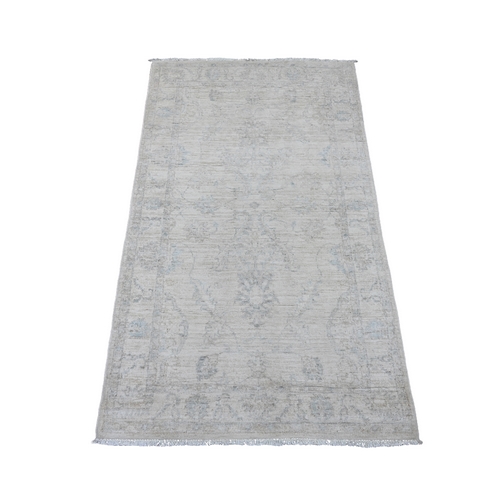 Pearl White, Washed Out Peshawar with All Over Leaf Design, Hand Knotted, Natural Dyes, 100% Wool, Oriental Rug