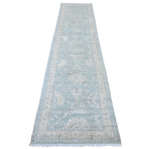 Misty Gray, Stone Washed Peshawar with All Over Leaf Design, Hand Knotted, Natural Dyes, 100% Wool, Runner, Oriental 