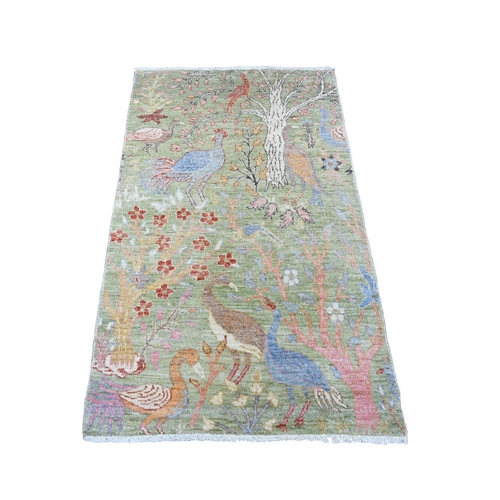 Pickle Green, Afghan Peshawar with Birds of Paradise Design, Vegetable Dyes, Hand Knotted, Soft Wool, Oriental Rug