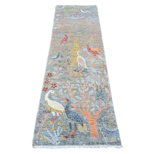 Coin Gray, Soft Wool, Afghan Peshawar with Birds of Paradise Design, Hand Knotted, Vegetable Dyes, Runner, Oriental Rug