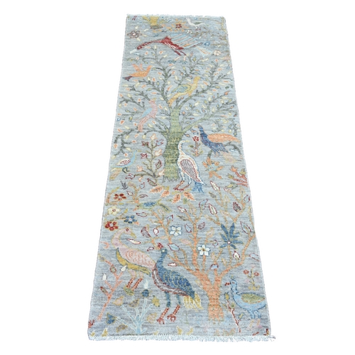 Misty Gray, Afghan Peshawar with Birds of Paradise Design, Hand Knotted, Vegetable Dyes, Soft Wool, Narrow Runner, Oriental Rug