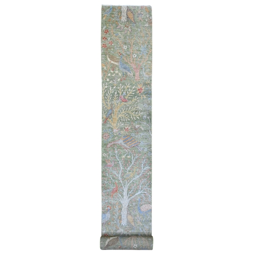 Moss Green, Afghan Peshawar with Birds of Paradise Design, Soft Wool, Natural Dyes, Hand Knotted, XL Runner, Oriental 