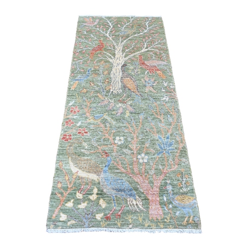 Pickle Green, Afghan Peshawar with Birds of Paradise Design, Vegetable Dyes, Hand Knotted, Soft Wool, Runner, Oriental Rug