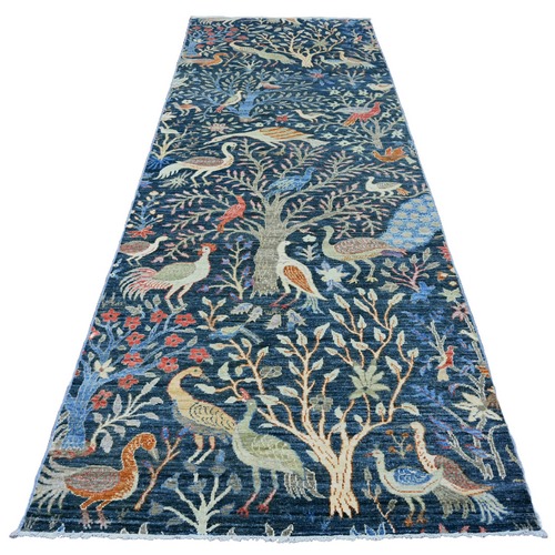 Aegean Blue, Afghan Peshawar with Birds of Paradise Design, Hand Knotted, Soft and Shiny Wool, Natural Dyes, Wide Runner, Oriental Rug