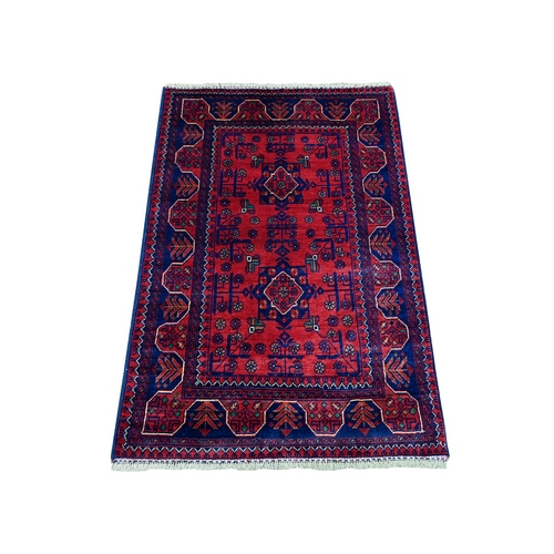 Scarlet Red, Afghan Khamyab with Geometric Design, Pure Wool, Vegetable Dyes, Hand Knotted, Mat, Oriental Rug